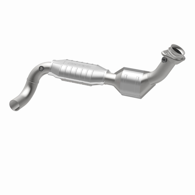 MagnaFlow 23028 hm grade direct-fit catalytic converter, opposite rear three-quarter view of the turntable spin