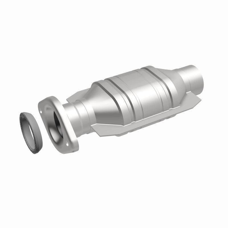 MagnaFlow 93268 hm grade direct-fit catalytic converter, front three-quarter view of the turntable spin