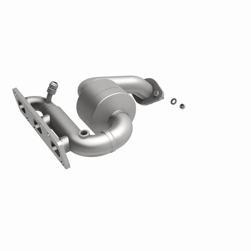 MagnaFlow 452045 carb manifold converter, front three-quarter view of the turntable spin