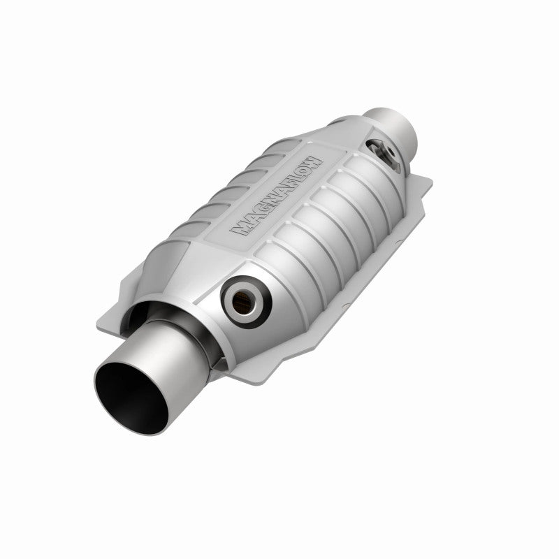 MagnaFlow 441064 universal catalytic converter, opposite front three-quarter view of the turntable spin