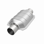 MagnaFlow 441036 universal catalytic converter, opposite front three-quarter view of the turntable spin