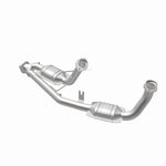 MagnaFlow 93436 hm grade direct-fit catalytic converter, opposite rear three-quarter view of the turntable spin
