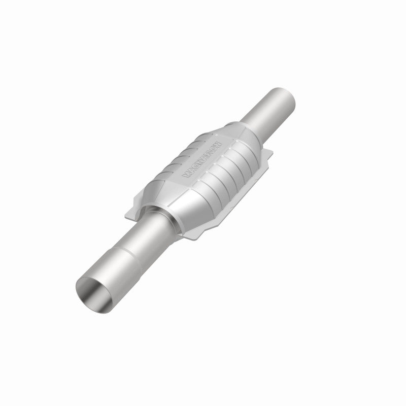 MagnaFlow 93475 epa direct-fit catalytic converter, opposite front three-quarter view of the turntable spin