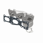 MagnaFlow 52781 oem grade manifold converter, opposite front three-quarter view of the turntable spin