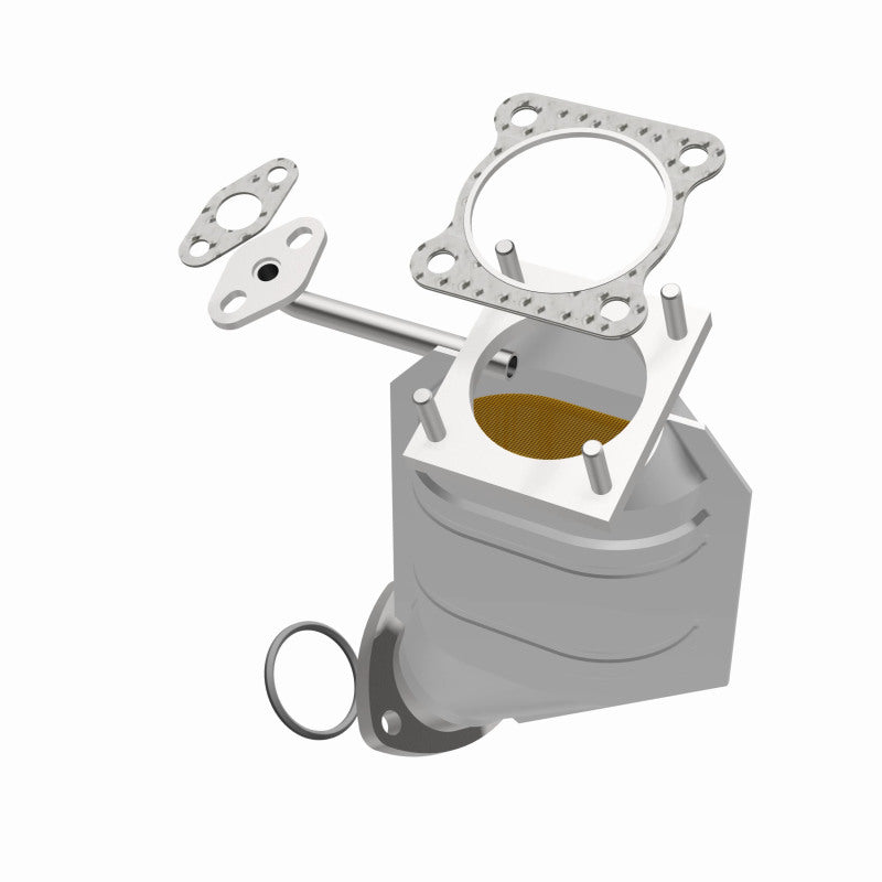 MagnaFlow 23649 epa direct-fit catalytic converter, opposite front three-quarter view of the turntable spin