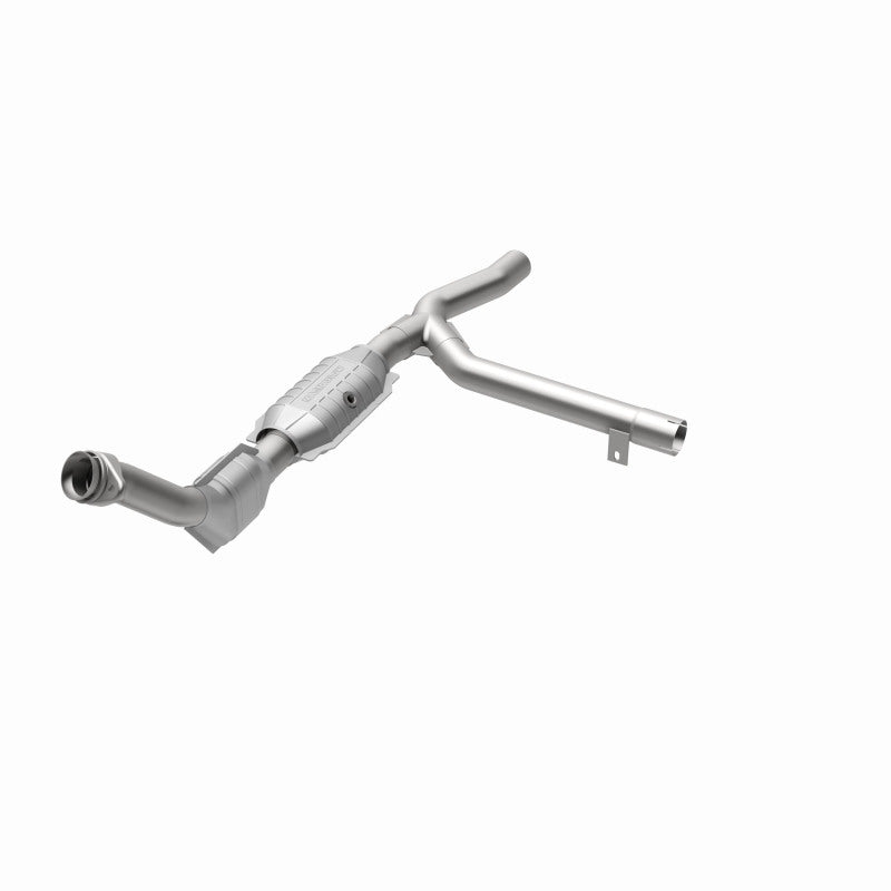 MagnaFlow 93153 hm grade direct-fit catalytic converter, opposite front three-quarter view of the turntable spin