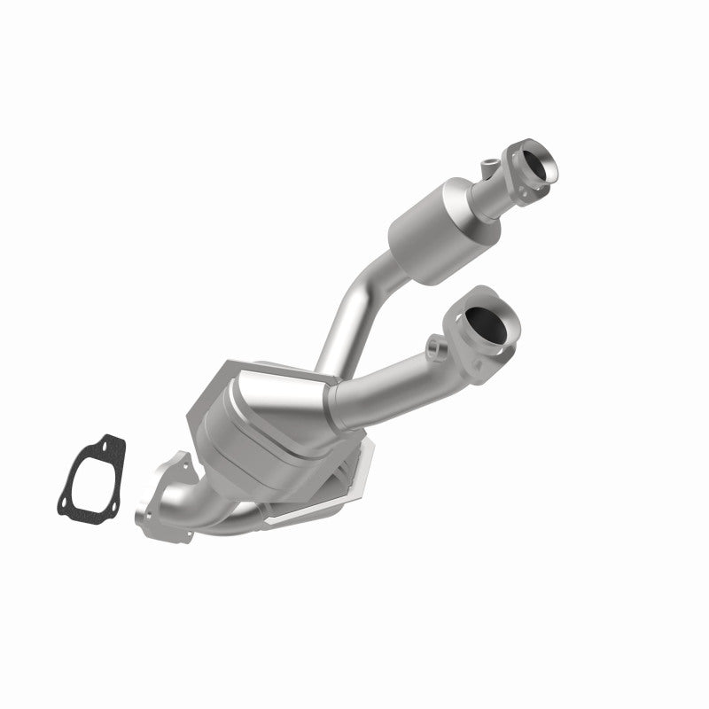 MagnaFlow 93168 hm grade direct-fit catalytic converter, opposite rear three-quarter view of the turntable spin
