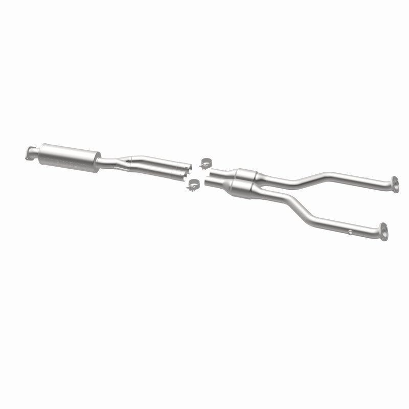 MagnaFlow 5571168 carb direct-fit catalytic converter, opposite rear three-quarter view of the turntable spin