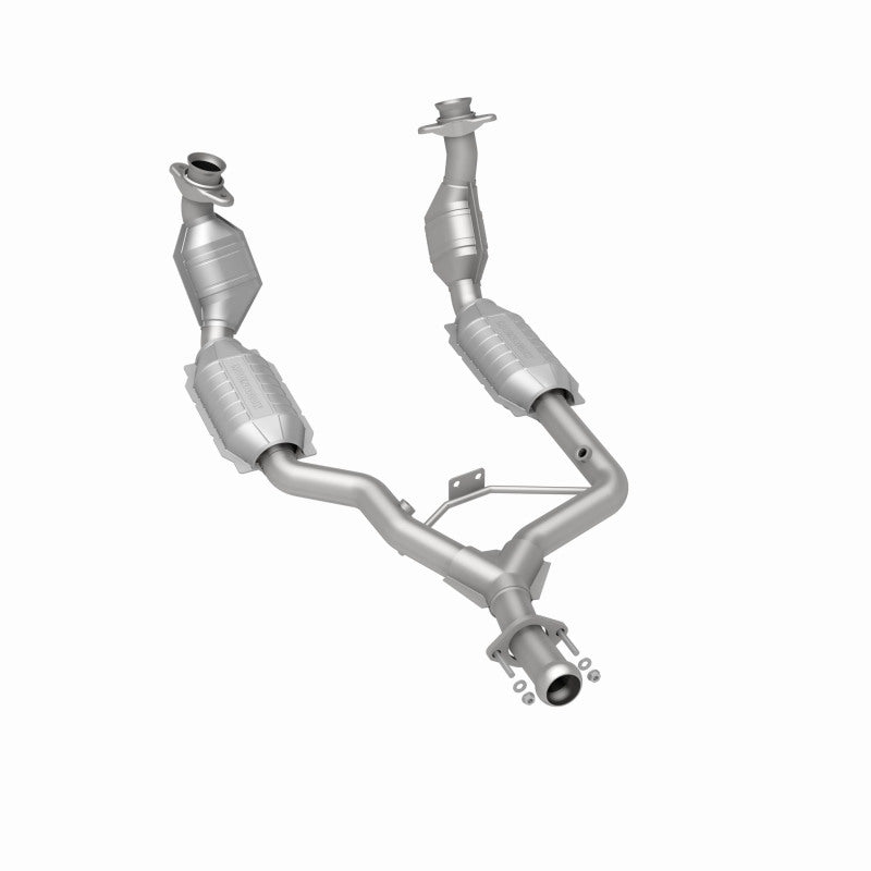 MagnaFlow 444064 carb direct-fit catalytic converter, rear three-quarter view of the turntable spin