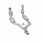 MagnaFlow 444064 carb direct-fit catalytic converter, rear three-quarter view of the turntable spin