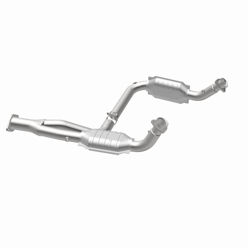 MagnaFlow 93603 hm grade direct-fit catalytic converter, opposite rear three-quarter view of the turntable spin
