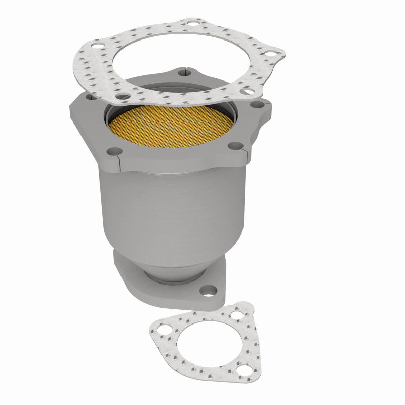 MagnaFlow 49323 oem grade direct-fit catalytic converter, rear three-quarter view of the turntable spin