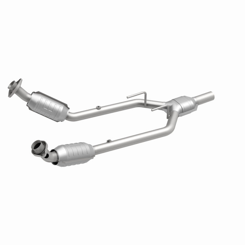 MagnaFlow 444080 carb direct-fit catalytic converter, front three-quarter view of the turntable spin