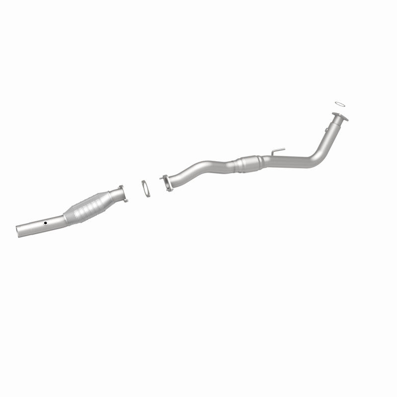MagnaFlow 447283 carb direct-fit catalytic converter, rear three-quarter view of the turntable spin