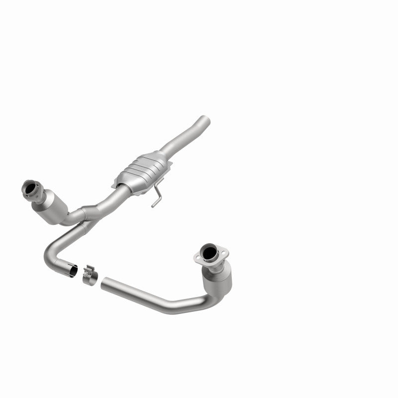 MagnaFlow 458043 carb direct-fit catalytic converter, opposite front three-quarter view of the turntable spin