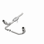 MagnaFlow 458043 carb direct-fit catalytic converter, opposite front three-quarter view of the turntable spin