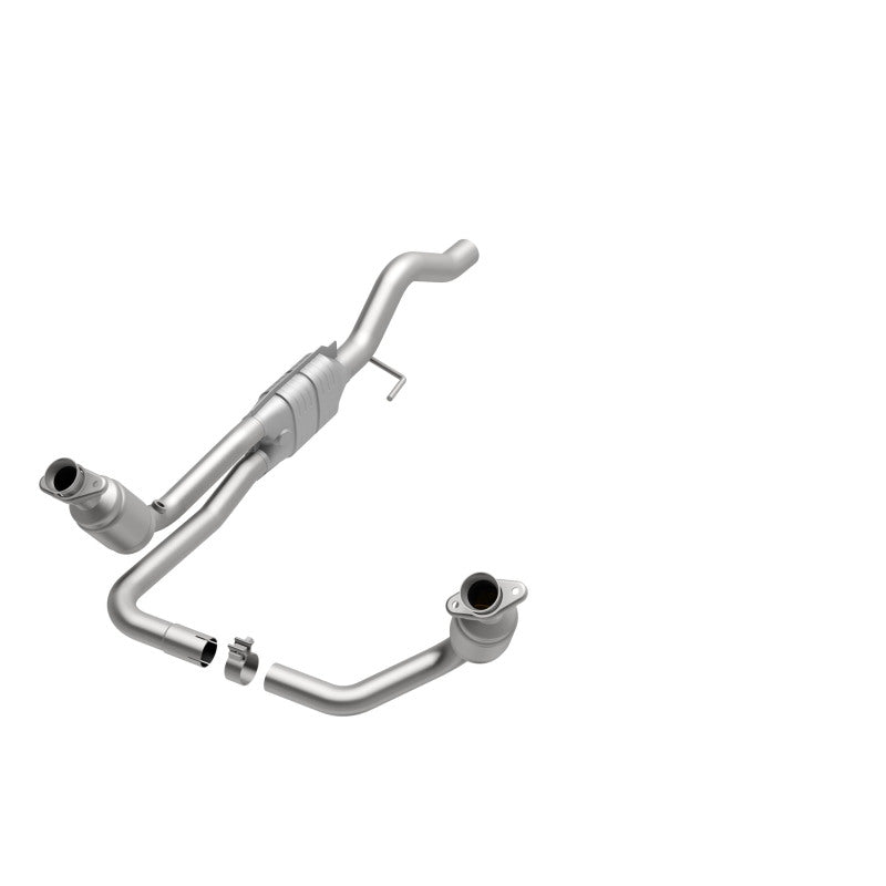 MagnaFlow 447248 carb direct-fit catalytic converter, opposite front three-quarter view of the turntable spin