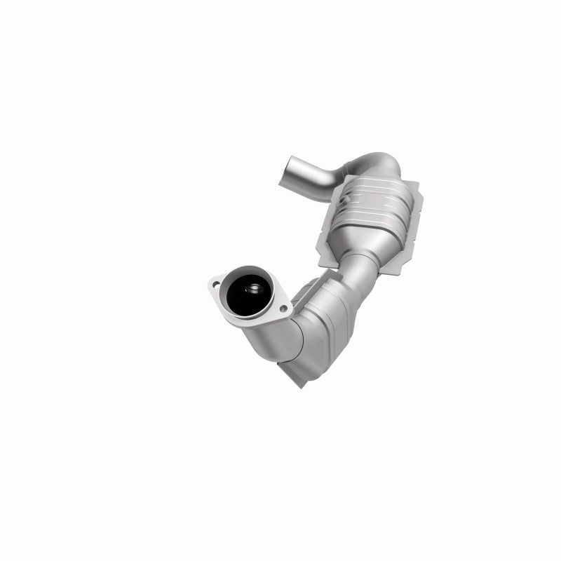 MagnaFlow 447123 carb direct-fit catalytic converter, opposite front three-quarter view of the turntable spin