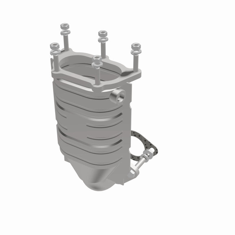 MagnaFlow 452842 carb direct-fit catalytic converter, opposite front three-quarter view of the turntable spin