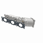 MagnaFlow 52167 oem grade manifold converter, opposite front three-quarter view of the turntable spin