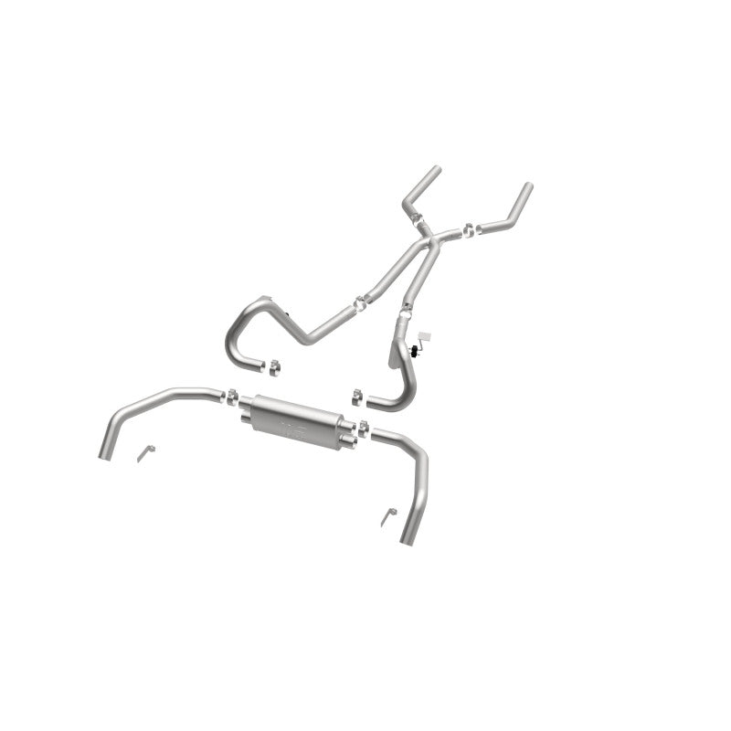 MagnaFlow 15895 street series cat-back exhaust, opposite front three-quarter view of the turntable spin