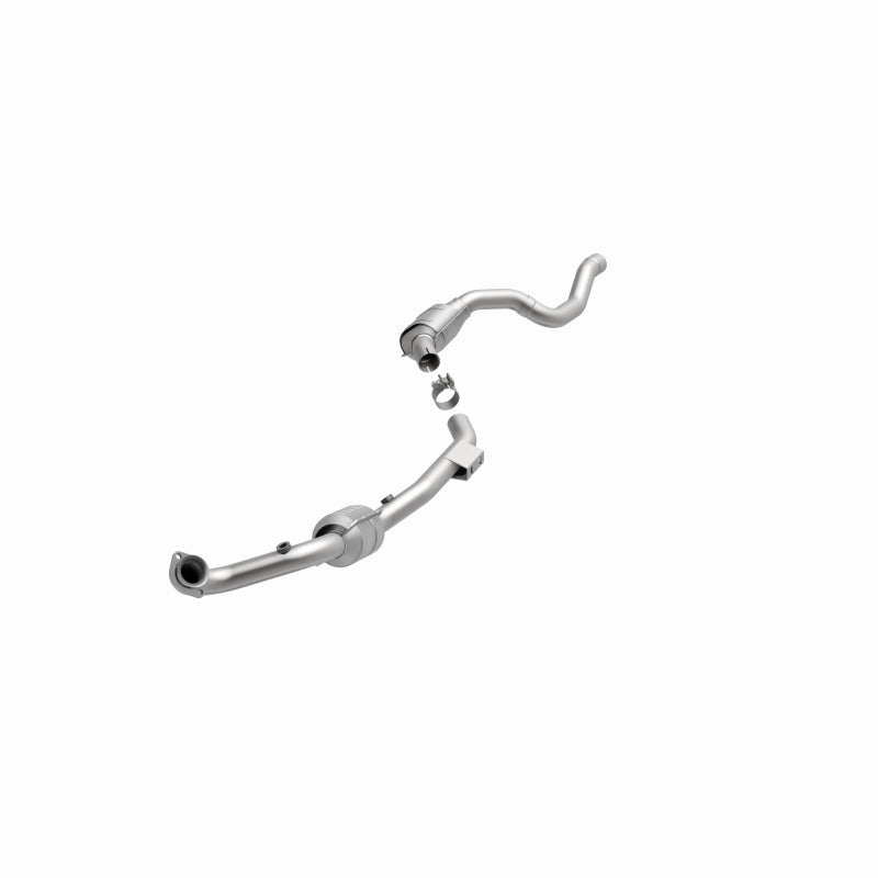MagnaFlow 447277 carb direct-fit catalytic converter, opposite front three-quarter view of the turntable spin