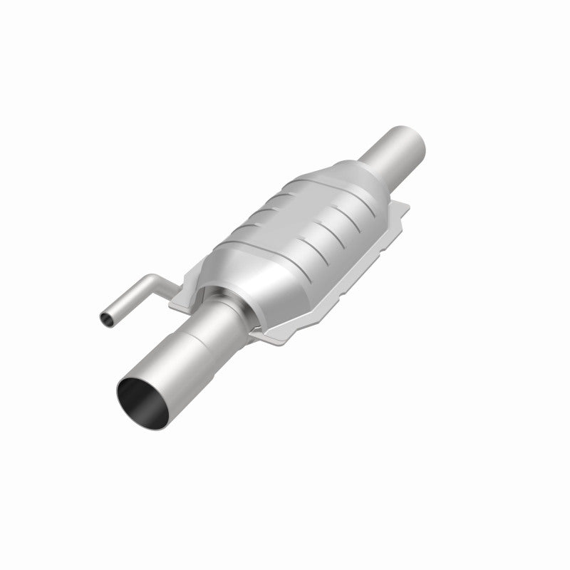 MagnaFlow 95221 hm grade direct-fit catalytic converter, opposite front three-quarter view of the turntable spin