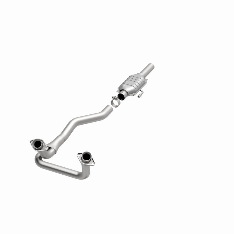 MagnaFlow 93314 epa direct-fit catalytic converter, opposite front three-quarter view of the turntable spin
