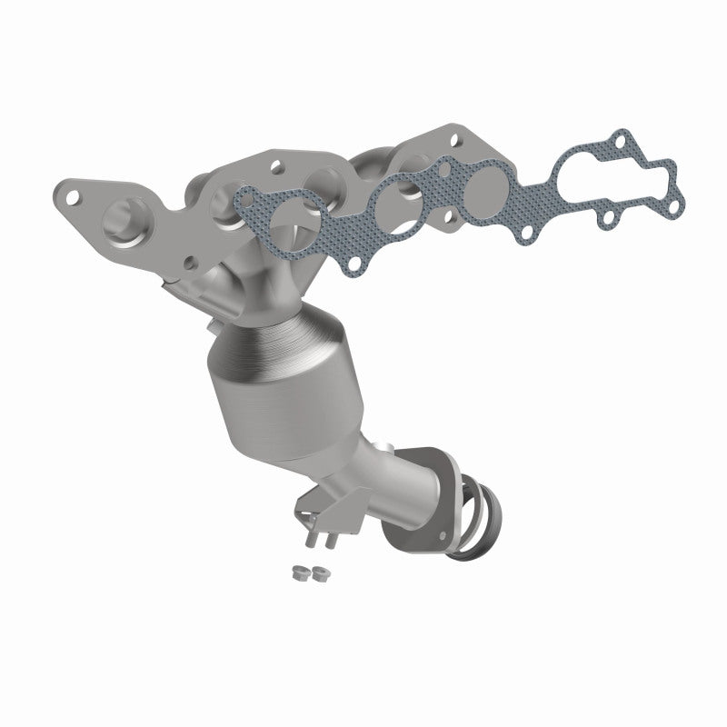 MagnaFlow 52216 oem grade manifold converter, opposite front three-quarter view of the turntable spin