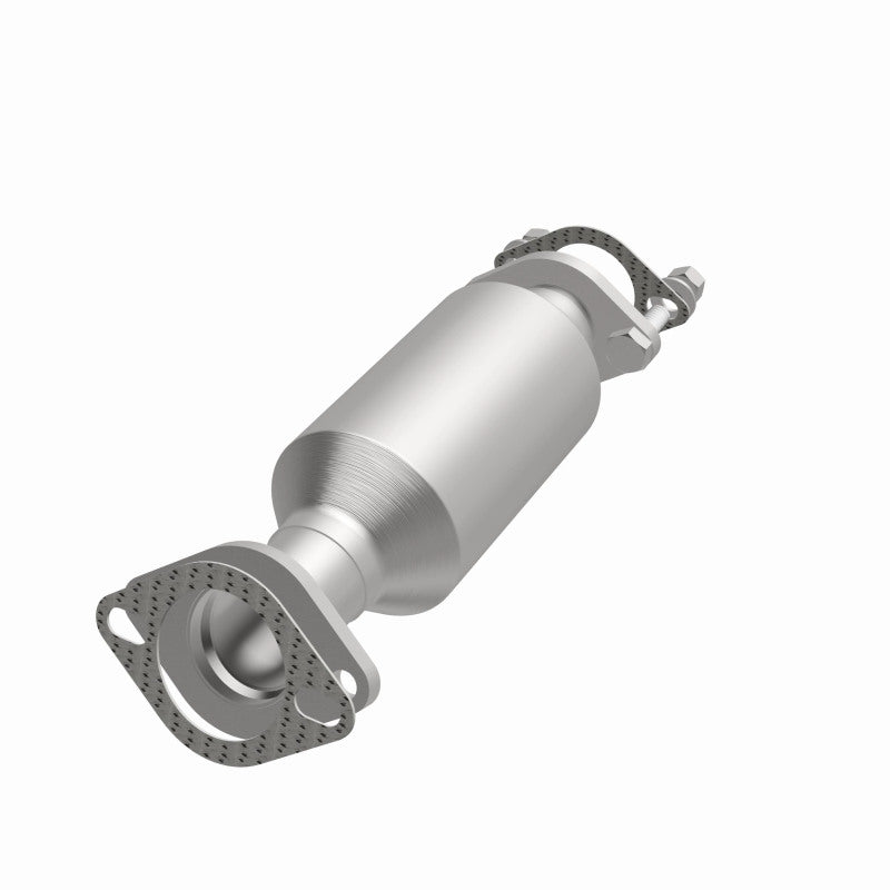 MagnaFlow 21-987 oem grade direct-fit catalytic converter, opposite front three-quarter view of the turntable spin