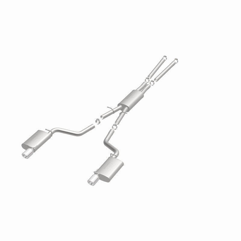 MagnaFlow 15628 street series cat-back exhaust, opposite front three-quarter view of the turntable spin