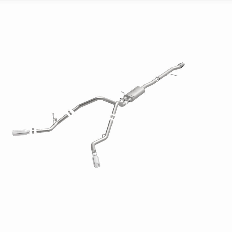 MagnaFlow 15269 street series cat-back exhaust, opposite front three-quarter view of the turntable spin