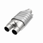 MagnaFlow 99007HM universal catalytic converter, opposite front three-quarter view of the turntable spin