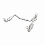 MagnaFlow 93694 hm grade direct-fit catalytic converter, opposite front three-quarter view of the turntable spin