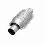 MagnaFlow 441235 universal catalytic converter, opposite front three-quarter view of the turntable spin