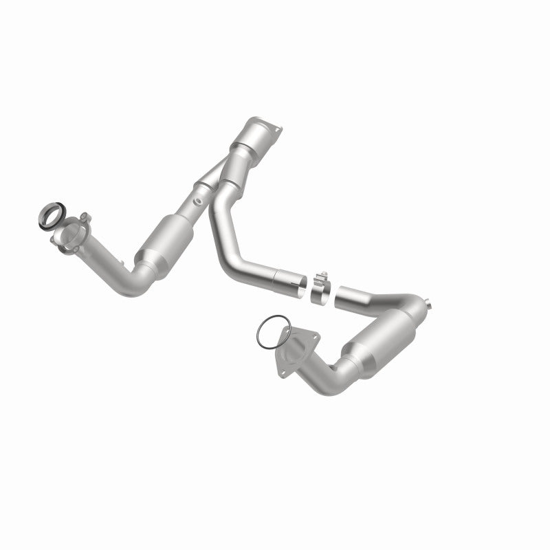 MagnaFlow 5451650 carb direct-fit catalytic converter, opposite front three-quarter view of the turntable spin