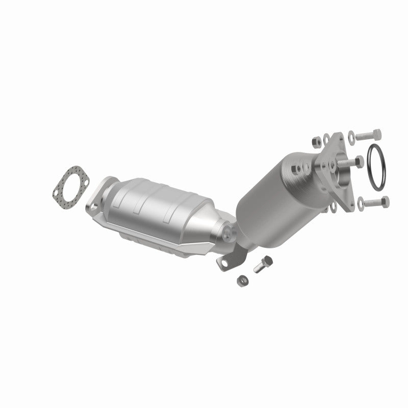 MagnaFlow 551143 carb direct-fit catalytic converter, opposite front three-quarter view of the turntable spin