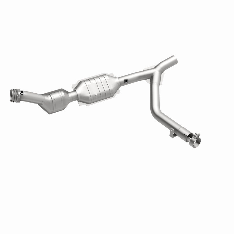 MagnaFlow 93145 hm grade direct-fit catalytic converter, front three-quarter view of the turntable spin