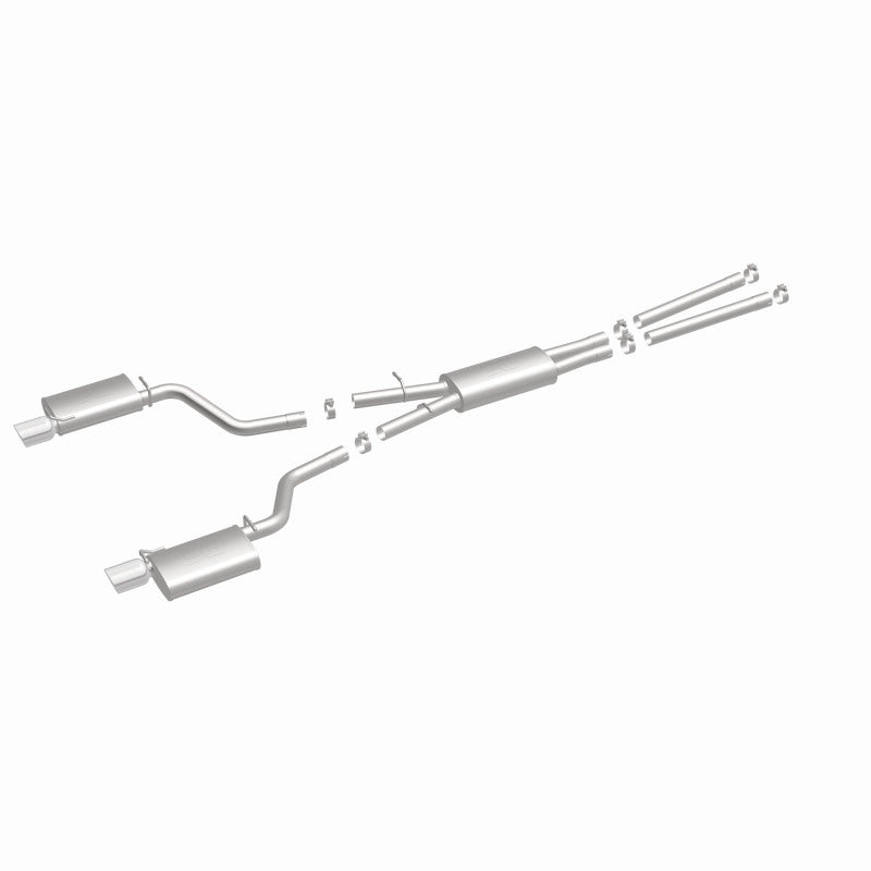 MagnaFlow 15628 street series cat-back exhaust, front three-quarter view of the turntable spin