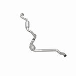 MagnaFlow 447263 carb direct-fit catalytic converter, rear three-quarter view of the turntable spin