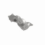 MagnaFlow 444307 carb direct-fit catalytic converter, opposite front three-quarter view of the turntable spin