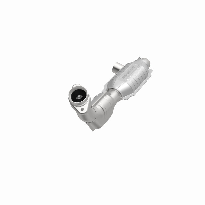 MagnaFlow 23028 hm grade direct-fit catalytic converter, opposite front three-quarter view of the turntable spin