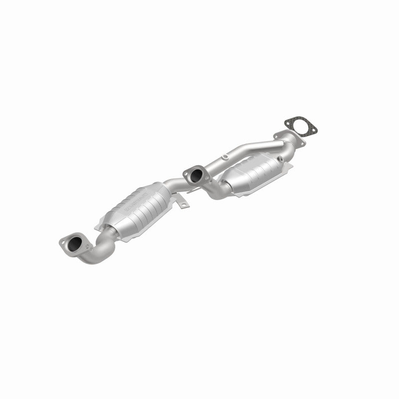 MagnaFlow 23543 hm grade direct-fit catalytic converter, opposite front three-quarter view of the turntable spin