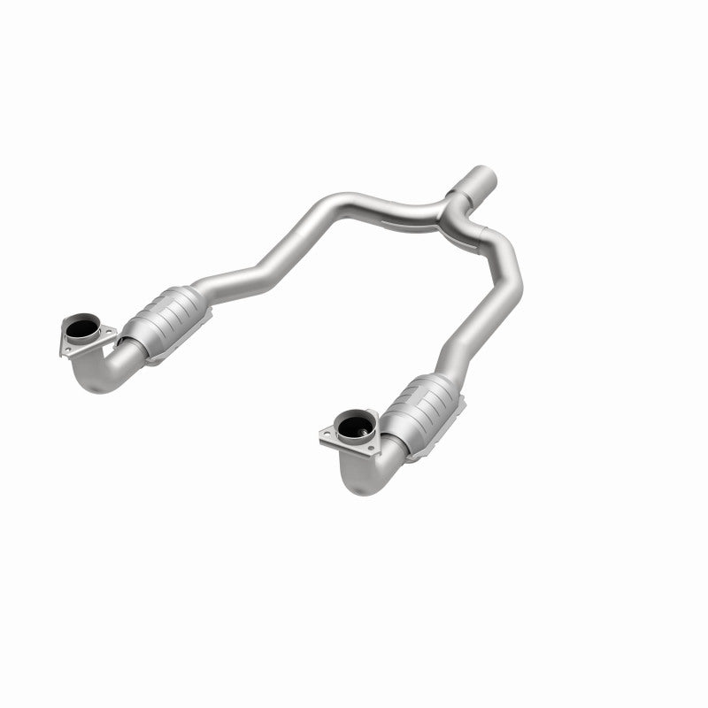MagnaFlow 337487 carb direct-fit catalytic converter, opposite front three-quarter view of the turntable spin