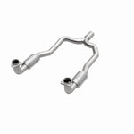 MagnaFlow 337487 carb direct-fit catalytic converter, opposite front three-quarter view of the turntable spin