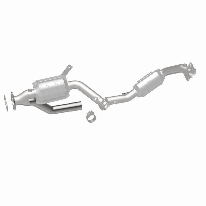 MagnaFlow 444034 carb direct-fit catalytic converter, rear three-quarter view of the turntable spin