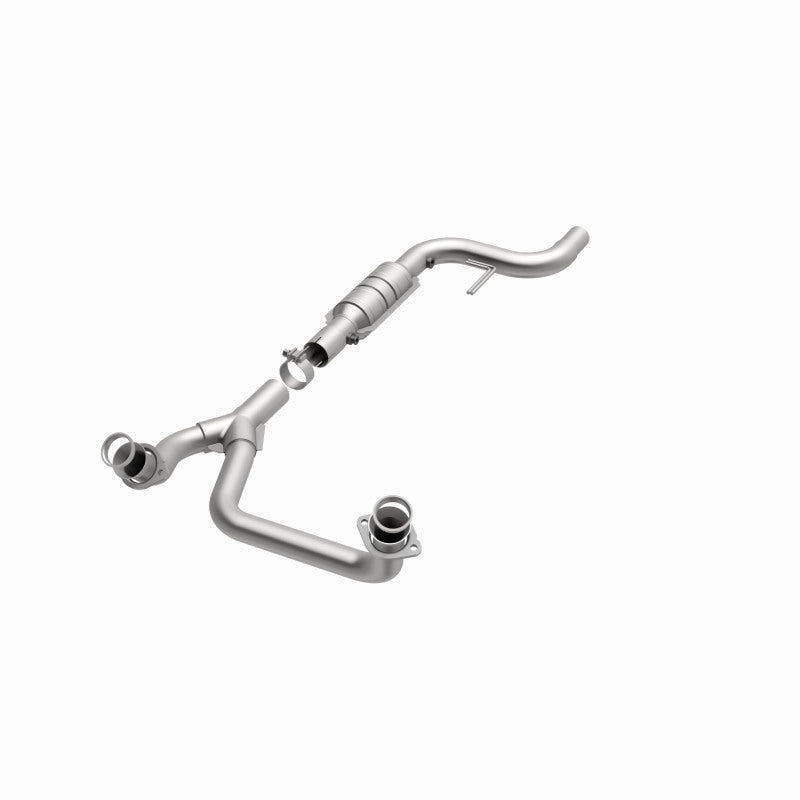 MagnaFlow 93435 hm grade direct-fit catalytic converter, opposite front three-quarter view of the turntable spin