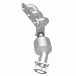 MagnaFlow 5411930 carb direct-fit catalytic converter, rear three-quarter view of the turntable spin