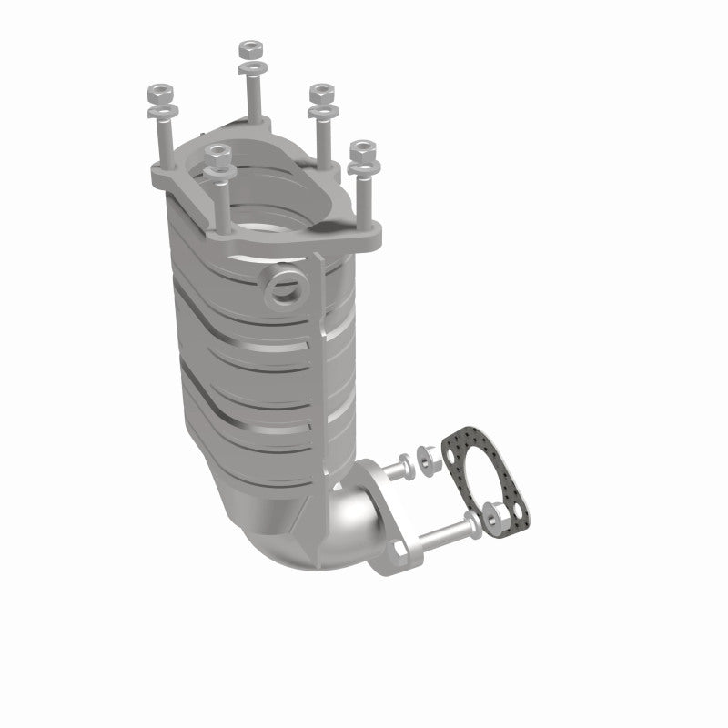 MagnaFlow 452842 carb direct-fit catalytic converter, front three-quarter view of the turntable spin