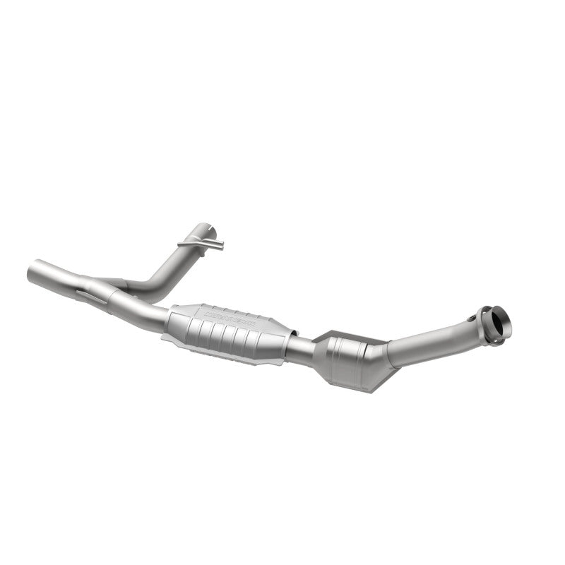 MagnaFlow 447116 carb direct-fit catalytic converter, opposite rear three-quarter view of the turntable spin